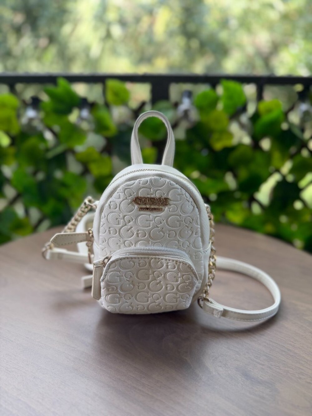GUESS White Mini Backpack Crossbody Bag Embossed Logo Gold Chain Faux Leather